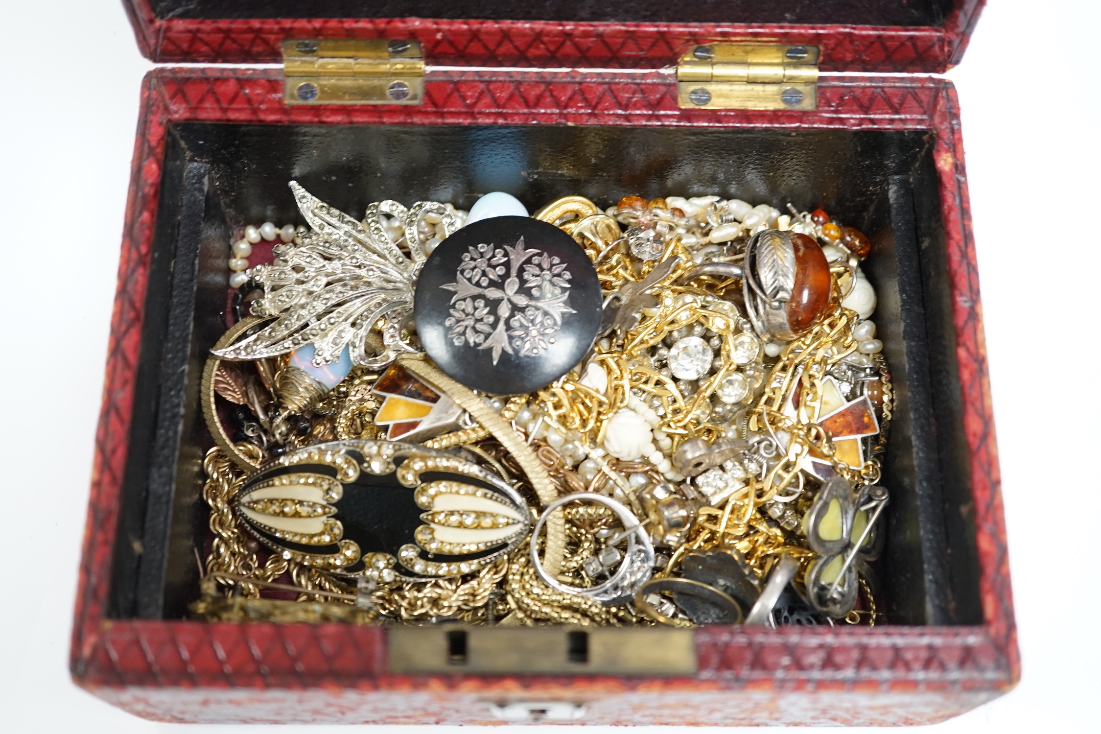 A quantity of assorted jewellery including a lava brooch, Italian 925 necklaces, costume jewellery including earrings etc. and a lady's Swiss white metal fob watch.